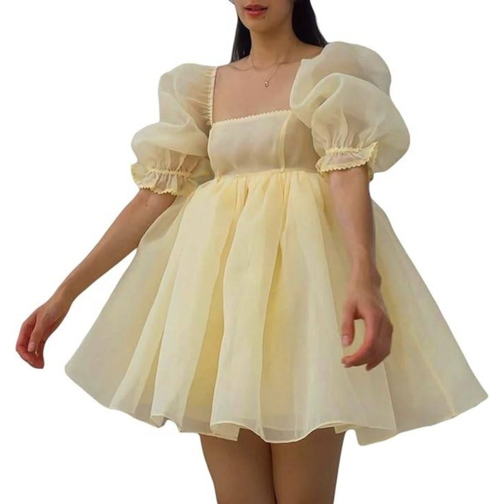 Selkie Women's Puff Sleeve Square Neck Mesh Fairy Party A-line Mini Dress Sz XL